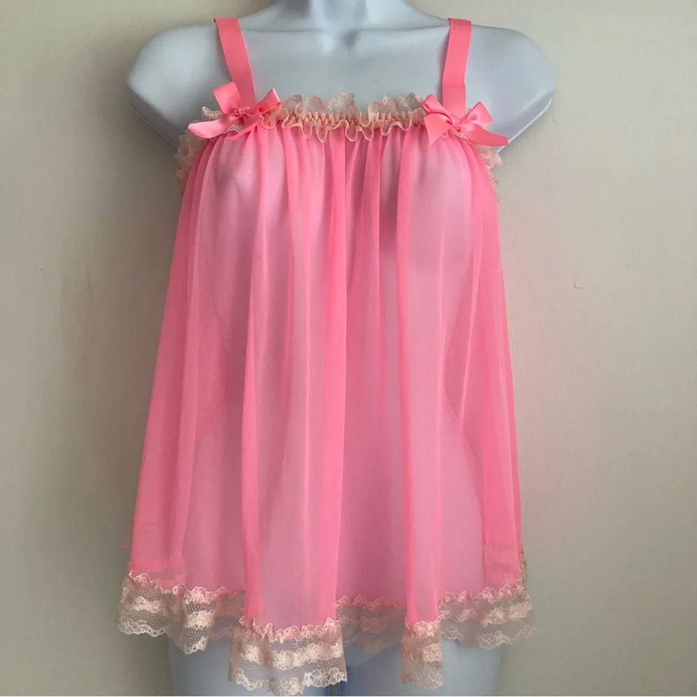 Victoria’s Secret Y2K Bubblegum Pink Sheer Frilly Babydoll Nightie Cami, NWT S